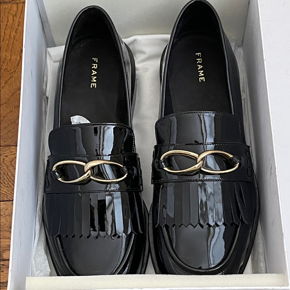 Frame Denim Black Patent Leather Loafers with Gold Detail